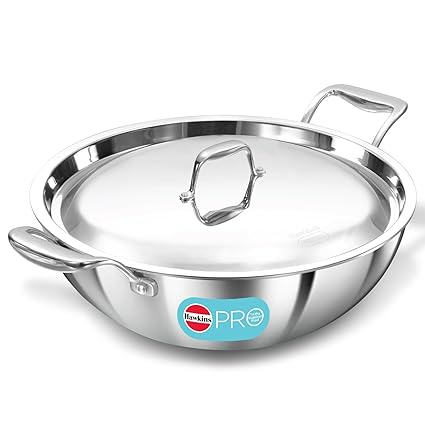 Hawkins Pro 6 Litre Deep-Fry Pan, Triply Stainless Steel Kadhai with Stainless Steel Handles and Stainless Steel Lid, Silver (PSK60S)