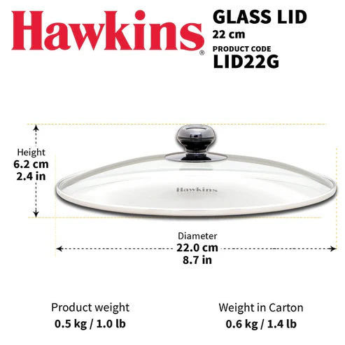 Hawkins 22 CM Glass Lid - LID22G |  Stainless Steel Rim | Transparent | 1 Pc