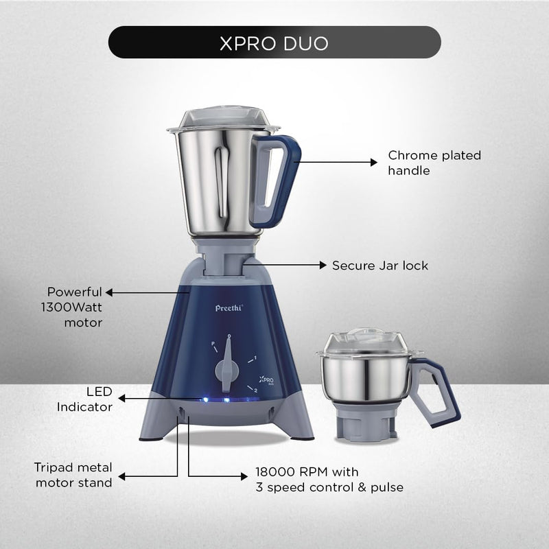 Preethi Xpro Duo MG-198 1300 W Commercial Mixer Grinder with 2 Jars ( 0.75L Chutney Jar + 2L Wet Grinding, Stainless steel), Tripad Metal Motor Stand, Blue