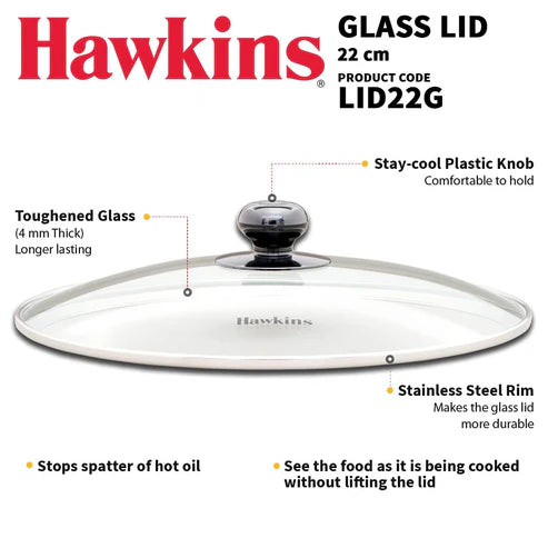 Hawkins 22 CM Glass Lid - LID22G |  Stainless Steel Rim | Transparent | 1 Pc