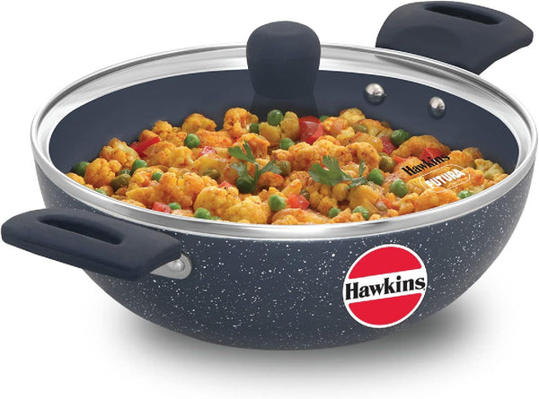 Hawkins Ceramic Nonstick 2.5 Litre Deep Kadhai, Induction Deep Fry Pan with Glass Lid, Granite Kadai (ICK25G)