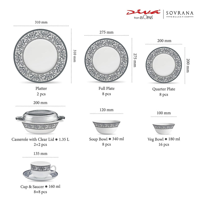 La Opala Diva, Sovrana Collection, Opal Glass Dinner Set 62 pcs, Persian Silver