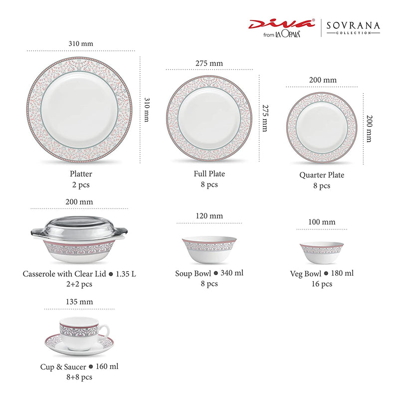 La Opala Sovrana Dinner Set 35,45 abd 62 pcs, Moroccan Pink, White