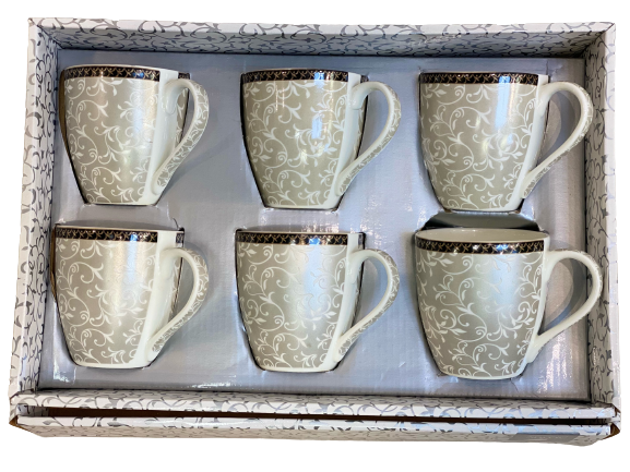 Coffee/Tea Mug Vintage 220 ml, set of-6 (white & silver)