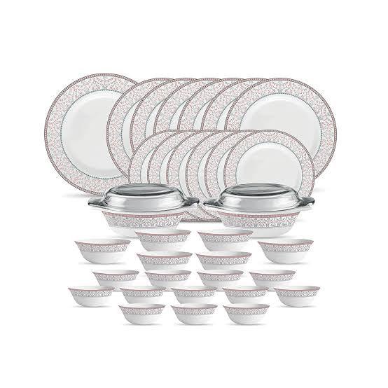 La Opala Diva, Sovrana Collection, Opal Glass Dinner Set 35 pcs, Moroccan Pink, White - The Kitchen Warehouse