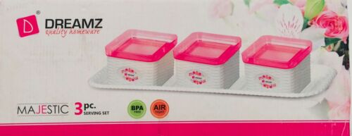 Dreamz Heavy Plastic Dry Fruit Set (3 Containers with Lid & 1 Serving Tray) , Pink & White